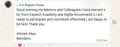 Student Ahmad Aliyu: I have learned a lot from EasyTech Academy and highly recommend it.